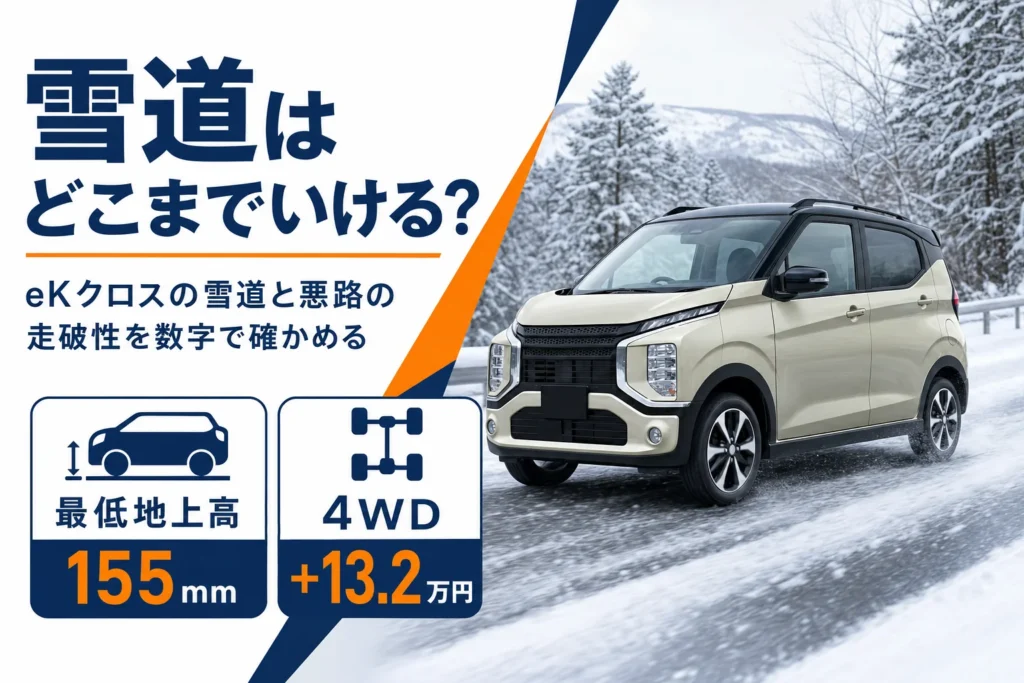eKクロスの雪道での走破性を最低地上高と4WDの数字で示したアイキャッチ