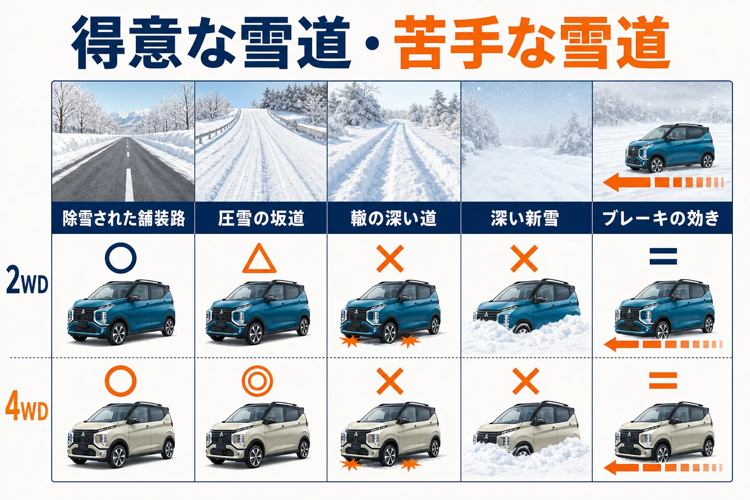 eKクロスが雪道のどんな状態に強く、どこから苦手かを示した図解