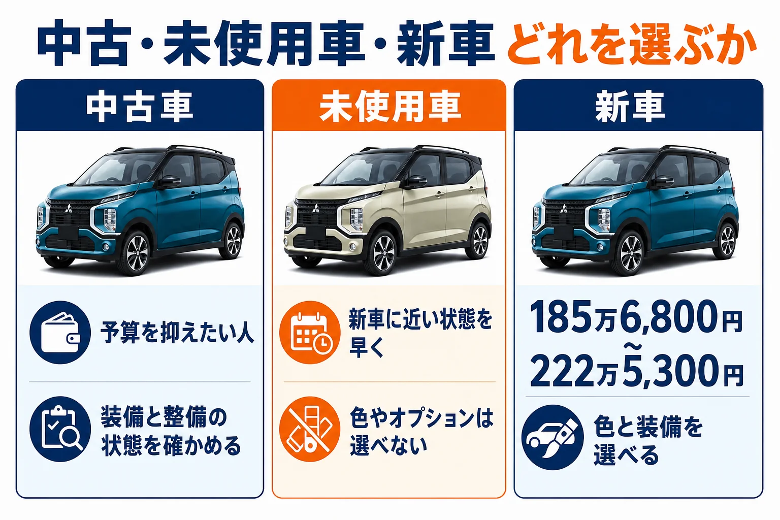 eKクロスを中古・未使用車・新車で選ぶ時の違いをまとめた図解