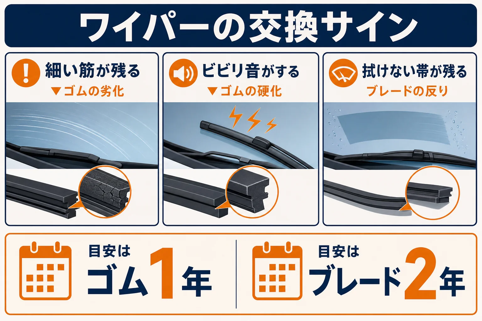 ワイパーの交換時期を症状別に示した図解