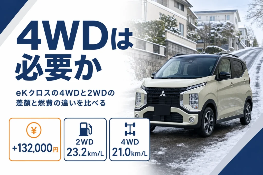eKクロスの4WDと2WDの違いを数字で示したアイキャッチ