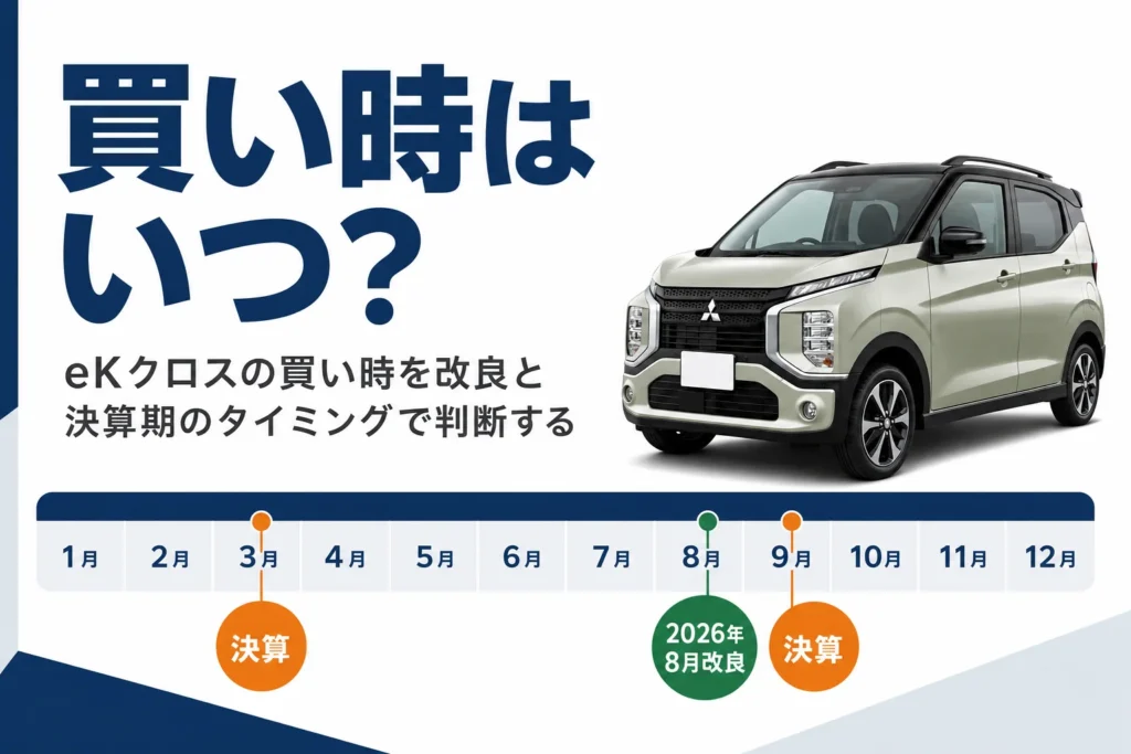 eKクロスの買い時を改良と決算期で示したアイキャッチ