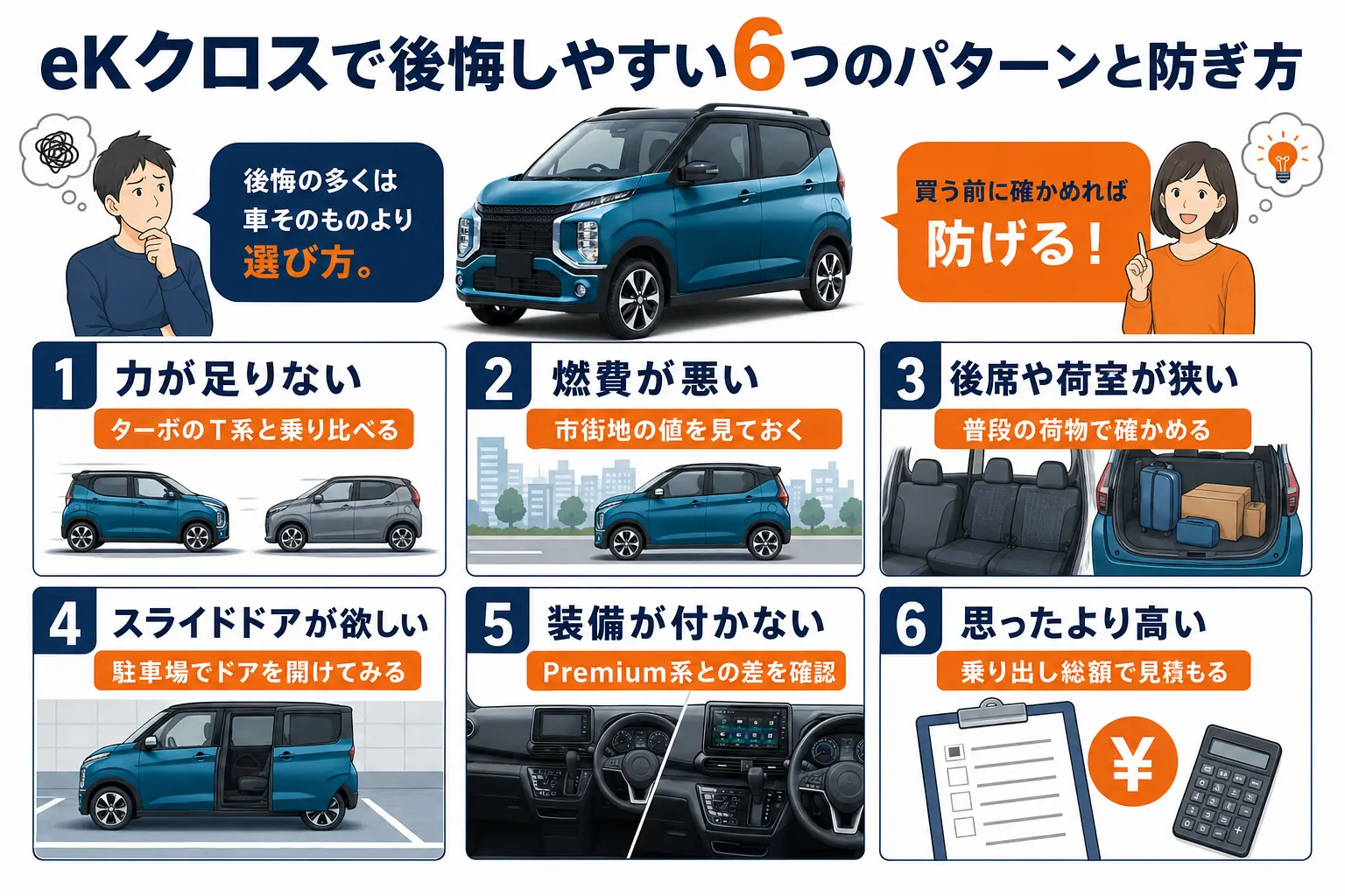 eKクロスで後悔しやすい6つのパターンと防ぎ方をまとめた図解