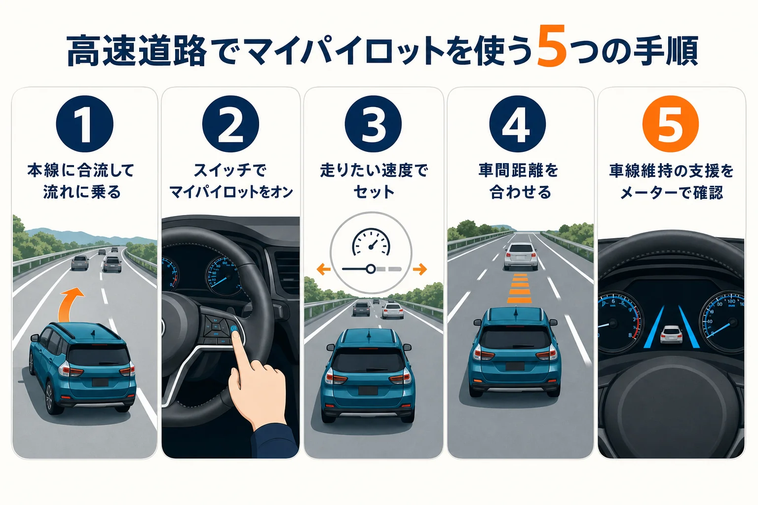 高速道路でマイパイロットを使う手順を並べた図解