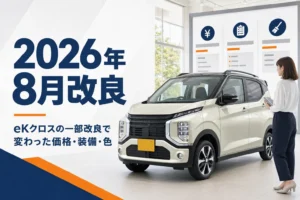 eKクロスの2026年8月の一部改良を紹介するイメージ