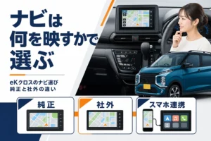 eKクロスのナビを純正・社外・スマホ連携で選ぶ要点を示したアイキャッチ