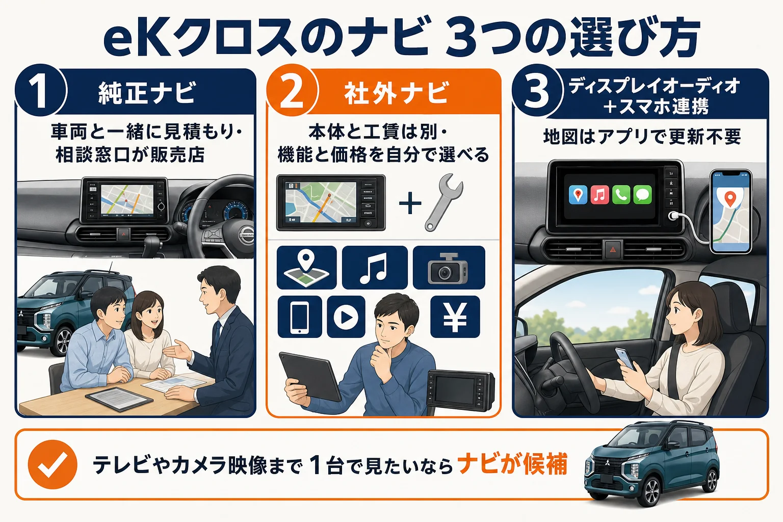 eKクロスのナビの3つの選び方を費用と向いている人で比べた図解