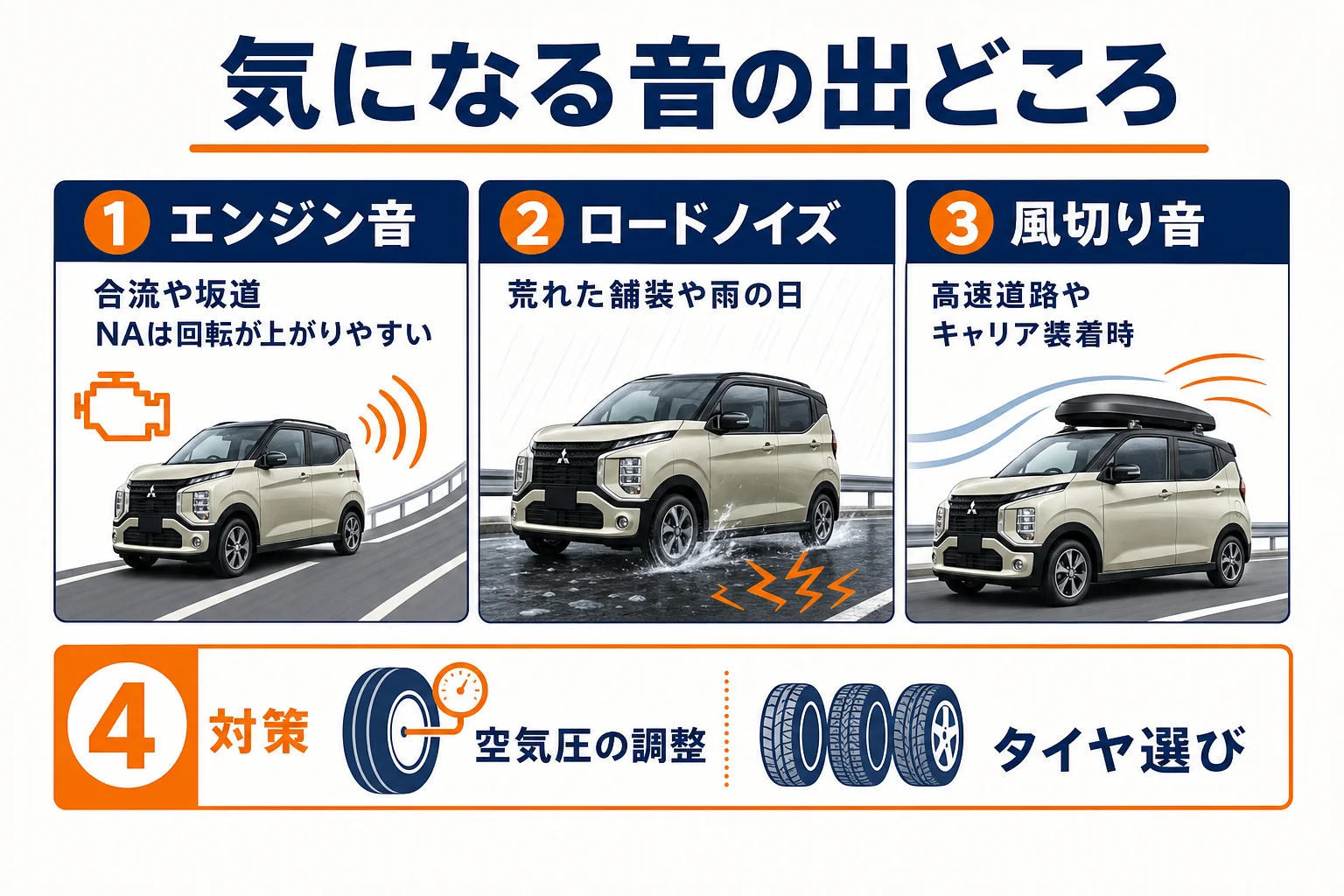 eKクロスで気になりやすい音の種類と対策をまとめた図解