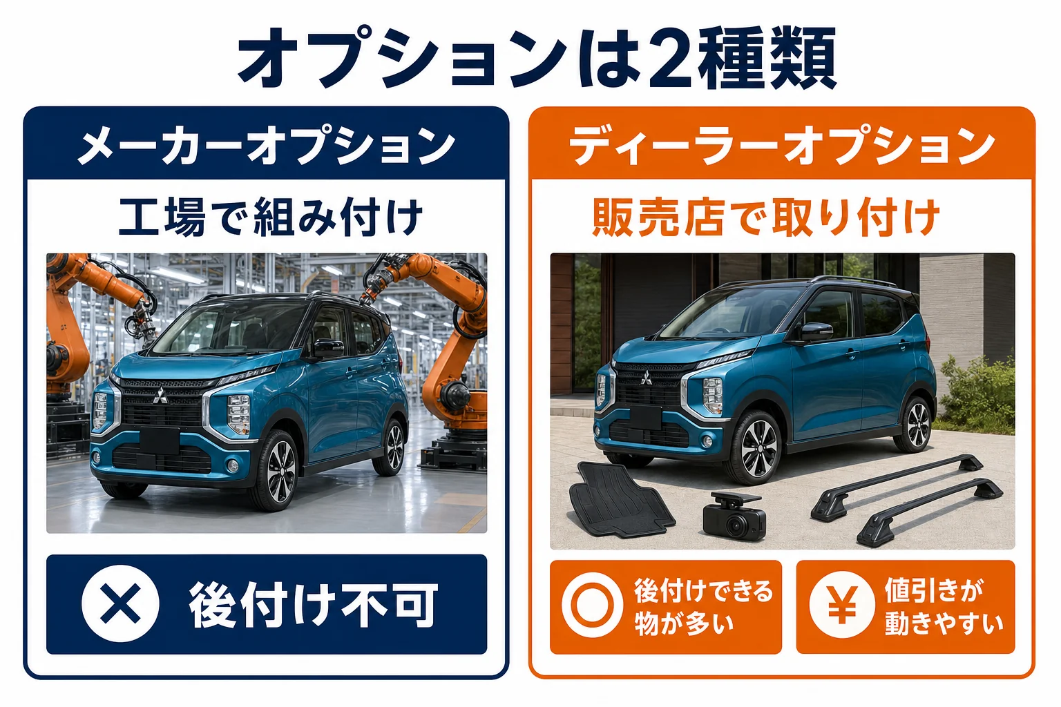 eKクロスのメーカーオプションとディーラーオプションの違いを示した図解