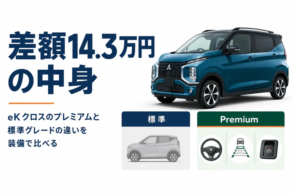 eKクロスのPremiumと標準グレードの違いを示したアイキャッチ