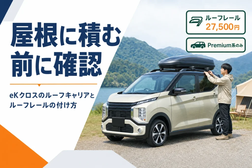 eKクロスのルーフキャリアとルーフレールの付け方の要点を示したアイキャッチ