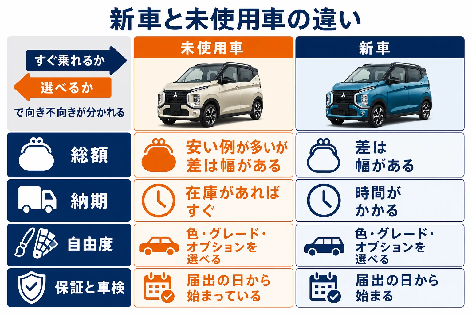 eKクロスの新車と未使用車を総額・納期・自由度・保証で比べた図解