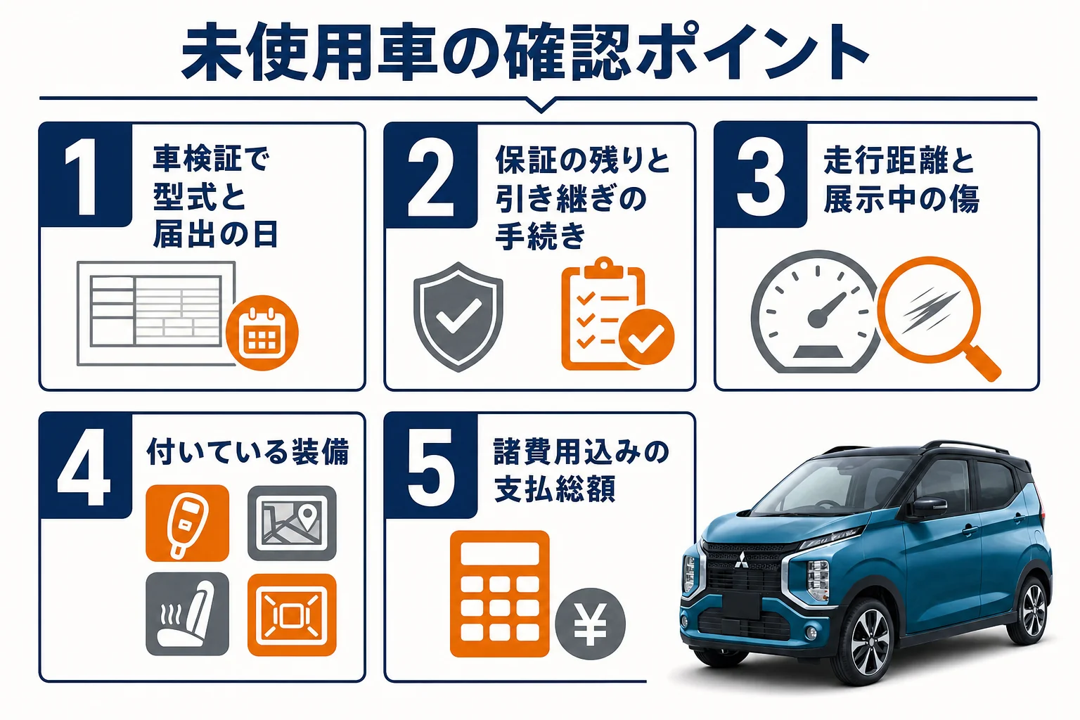 eKクロスの未使用車を選ぶ時に確かめたい5つのポイントの図解