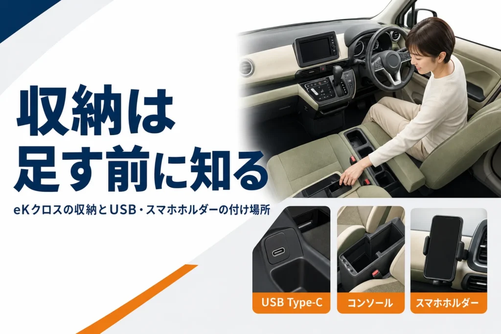 eKクロスの収納とUSBポート、スマホホルダーの要点を示したアイキャッチ