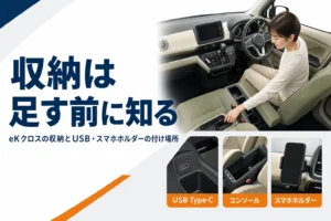 eKクロスの収納とUSBポート、スマホホルダーの要点を示したアイキャッチ