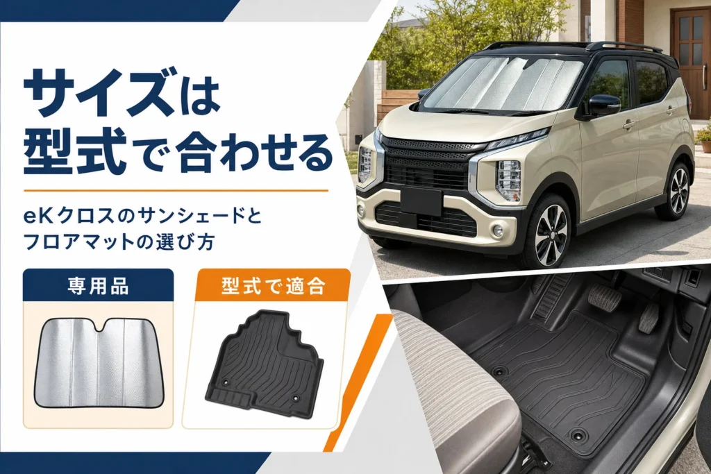 eKクロスのサンシェードとフロアマットを型式で選ぶ要点を示したアイキャッチ