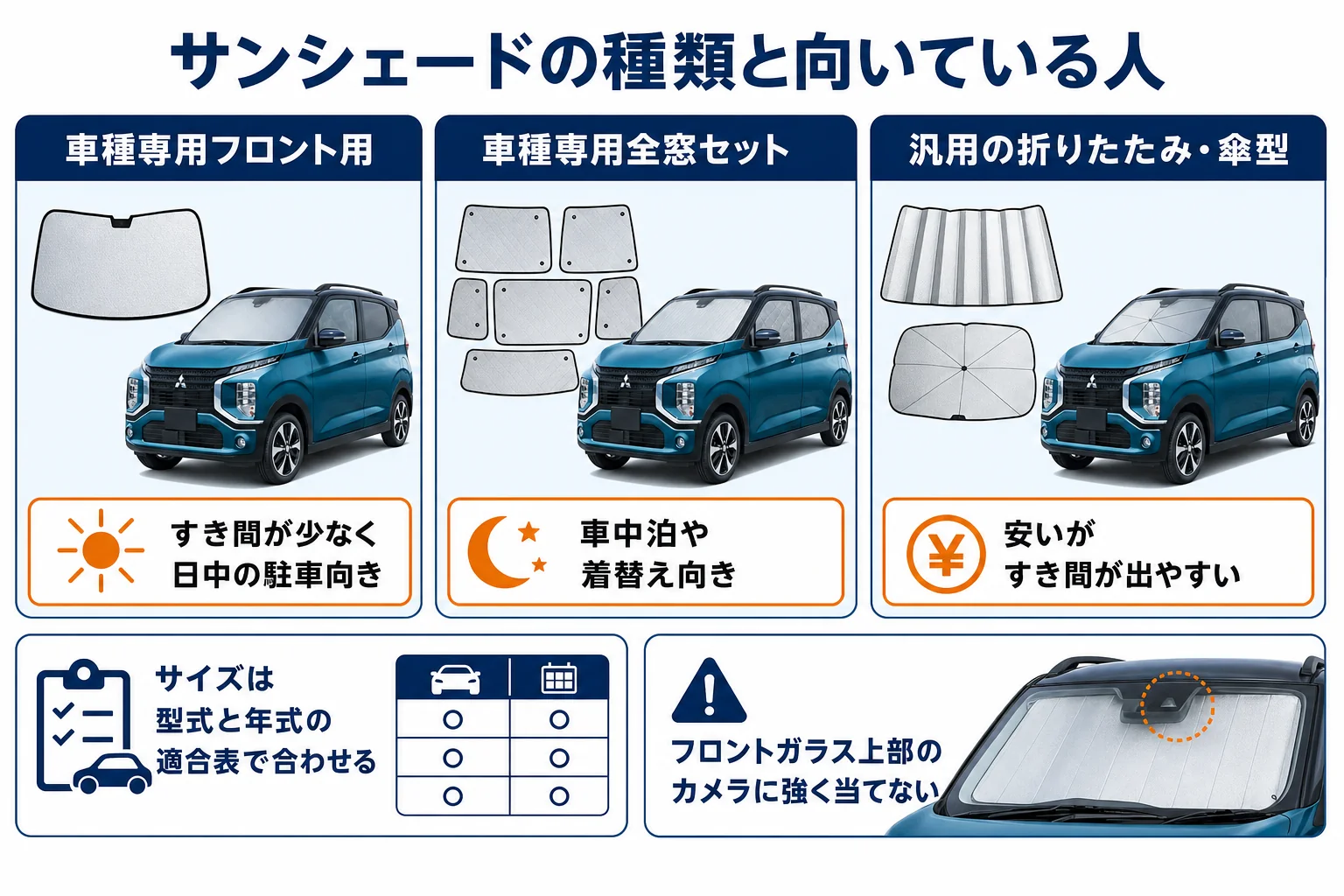 eKクロスのサンシェードの種類と選び方を示した図解