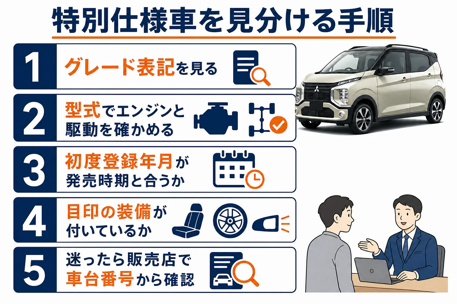 中古のeKクロスが特別仕様車かどうかを見分ける手順の図解