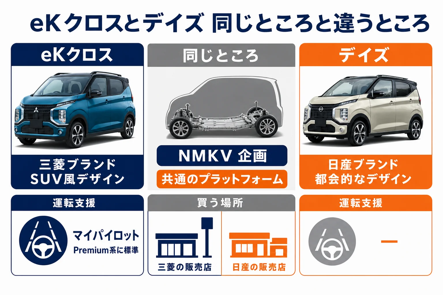 eKクロスとデイズの同じところと違うところを比べた図解