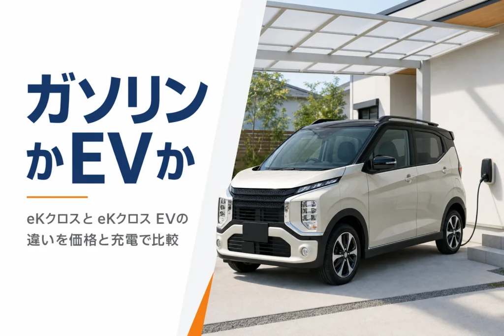 住宅のカーポートに停まった軽自動車と壁の充電コンセント