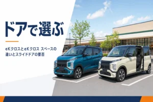 駐車場に並んだヒンジ式ドアの軽とスライドドアの軽