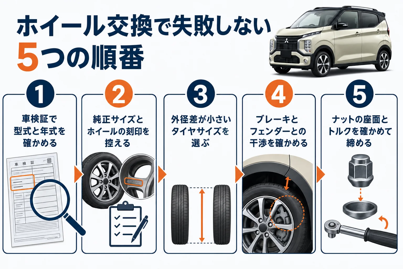 eKクロスのホイール交換の手順を5つに分けた図解